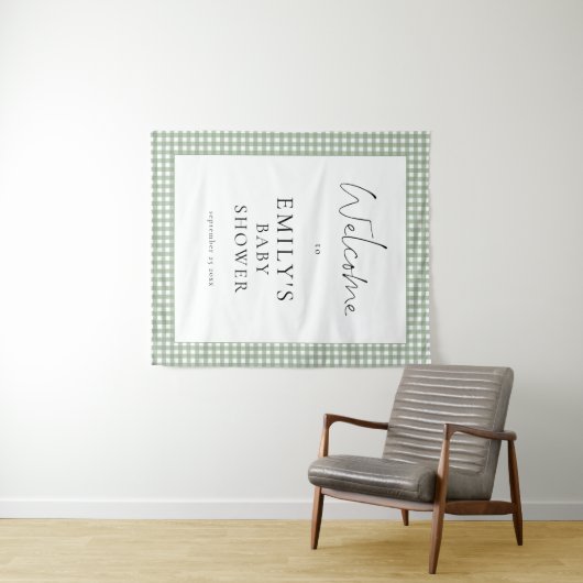 Sage Green Gingham Script Welcome Baby Shower  タペストリー (インサイチュ(横))