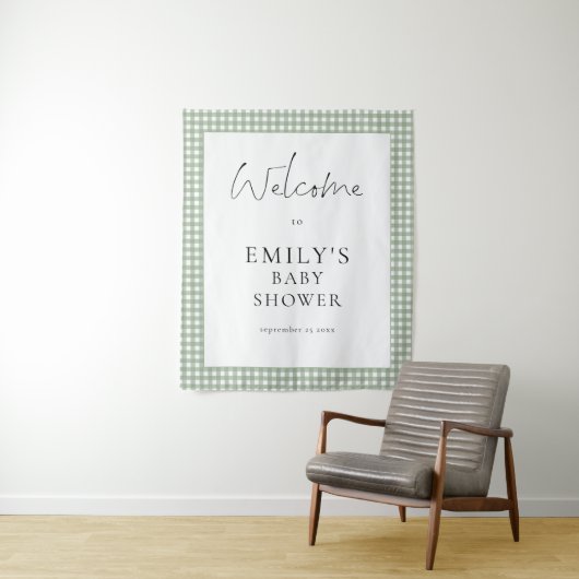 Sage Green Gingham Script Welcome Baby Shower  タペストリー (インサイチュ)