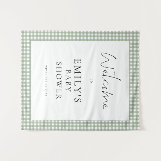 Sage Green Gingham Script Welcome Baby Shower  タペストリー (正面(横))