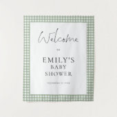 Sage Green Gingham Script Welcome Baby Shower  タペストリー (正面)