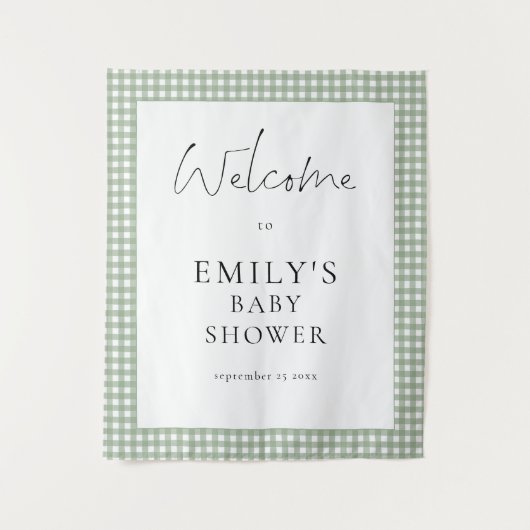 Sage Green Gingham Script Welcome Baby Shower  タペストリー (正面)