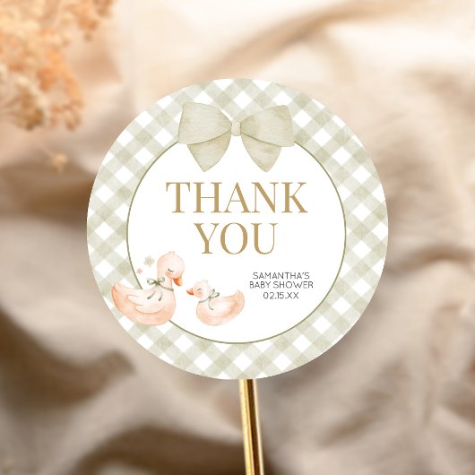 Sage Green Gingham Silly Goose Baby Shower ラウンドシール