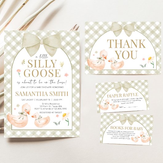 Sage Green Gingham Silly Goose Baby Shower 招待状