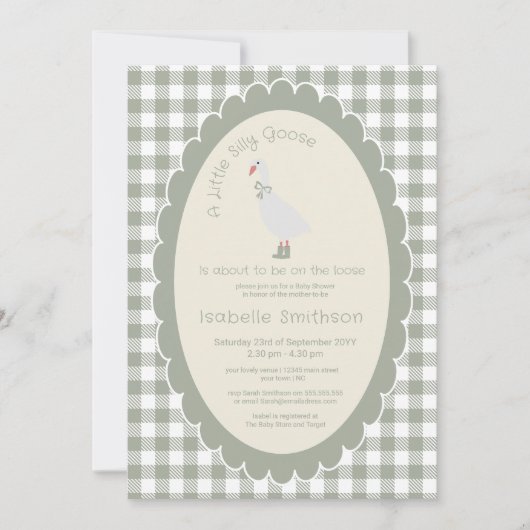 Sage Green Gingham Silly Goose Baby Shower 招待状 (正面)