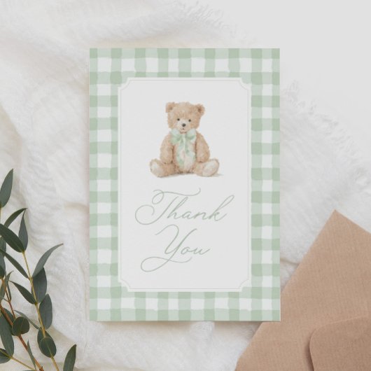 Sage Green Gingham Teddy Bear Baby Shower サンキューカード