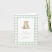 Sage Green Gingham Teddy Bear Baby Shower サンキューカード (正面)