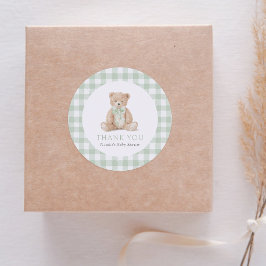 Sage Green Gingham Teddy Bear Baby Shower ラウンドシール