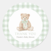 Sage Green Gingham Teddy Bear Baby Shower ラウンドシール (正面)