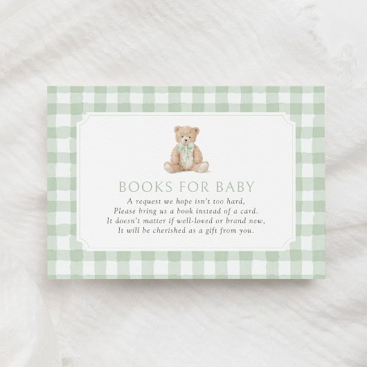 Sage Green Gingham Teddy Bear Books for Baby エンクロージャーカード