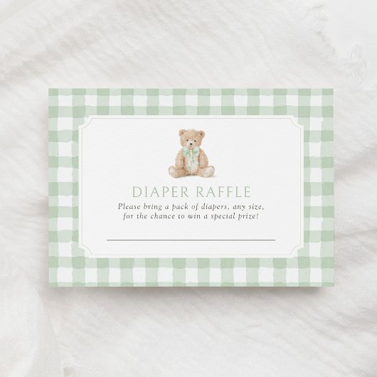 Sage Green Gingham Teddy Bear Diaper Raffle Ticket エンクロージャーカード