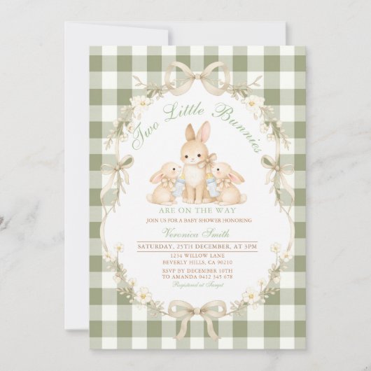 Sage Green Gingham Twins Baby Shower Invitation 招待状 (正面)