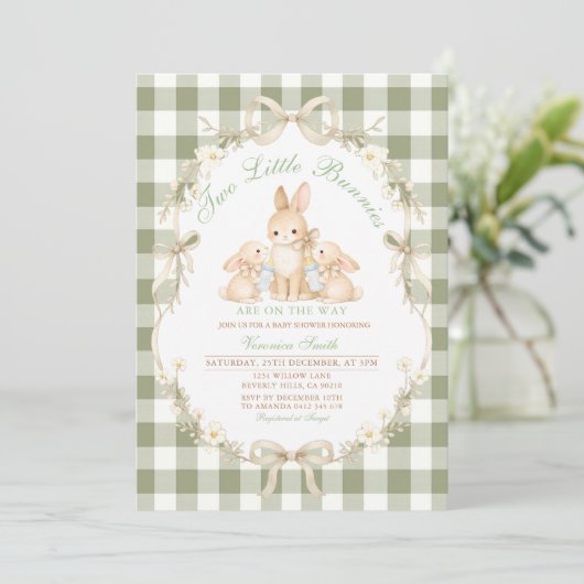 Sage Green Gingham Twins Baby Shower Invitation 招待状 (スタンド正面)