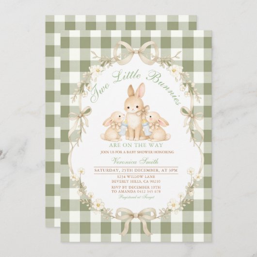 Sage Green Gingham Twins Baby Shower Invitation 招待状 (正面/裏面)