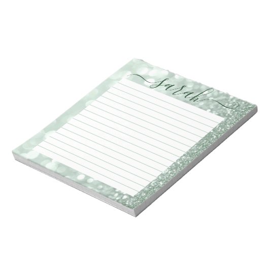 Sage Green Glitter Lined Personalized ノートパッド (回転)