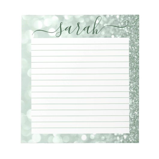 Sage Green Glitter Lined Personalized ノートパッド (正面)