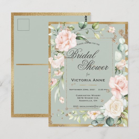  sage green gold 水彩花卉婚前小聚会 ポストカード (正面/裏面)