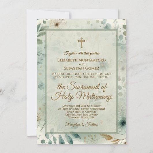 Sage Green & Gold Boho Medley Catholic Wedding 招待状 (正面)