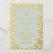 Sage green gold botanical monogram luxury wedding 箔招待状 (正面)