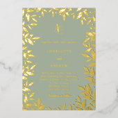 Sage green gold botanical monogram luxury wedding 箔招待状 (正面)