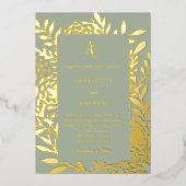 Sage green gold botanical monogram luxury wedding 箔招待状 (正面)