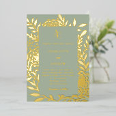 Sage green gold botanical monogram luxury wedding 箔招待状 (立ち正面)