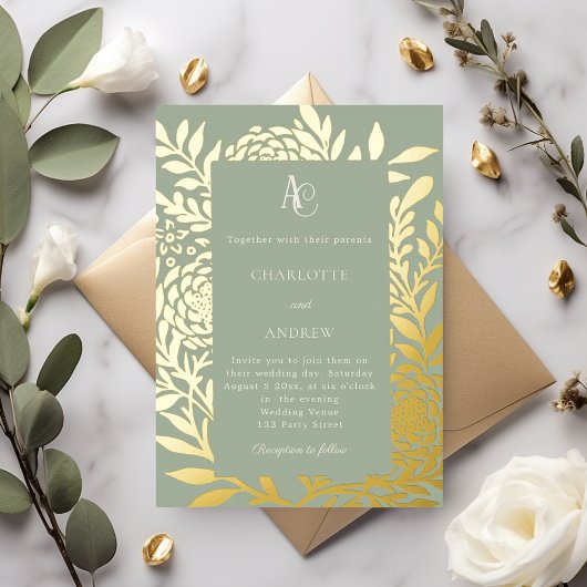 Sage green gold botanical monogram luxury wedding 箔招待状