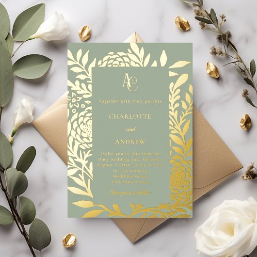 Sage green gold botanical monogram luxury wedding 箔招待状