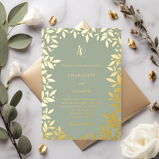 Sage green gold botanical monogram luxury wedding 箔招待状