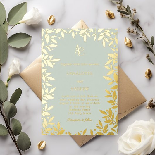 Sage green gold botanical monogram luxury wedding 箔招待状