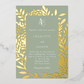 Sage green gold botanical monogram luxury wedding 箔招待状 (正面)