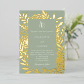 Sage green gold botanical monogram luxury wedding 箔招待状 (立ち正面)