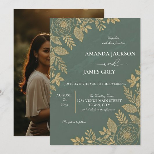 Sage Green Gold Botanical Photo Back Wedding Invit 招待状 (正面/裏面)