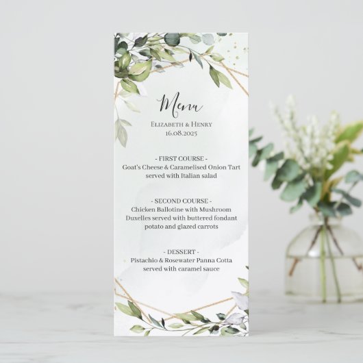 Sage green gold eucalyptus geometric wedding menu メニュー (スタンド正面)