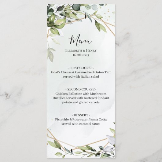 Sage green gold eucalyptus geometric wedding menu メニュー (正面)