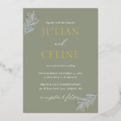 Sage Green Gold Fall Winter Greenery Wedding 箔招待状 (正面)