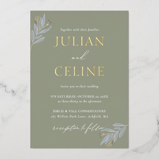 Sage Green Gold Fall Winter Greenery Wedding 箔招待状 (正面)