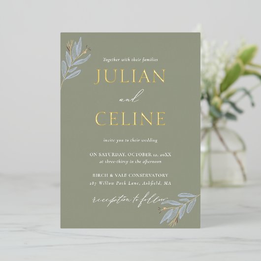 Sage Green Gold Fall Winter Greenery Wedding 箔招待状 (立ち正面)
