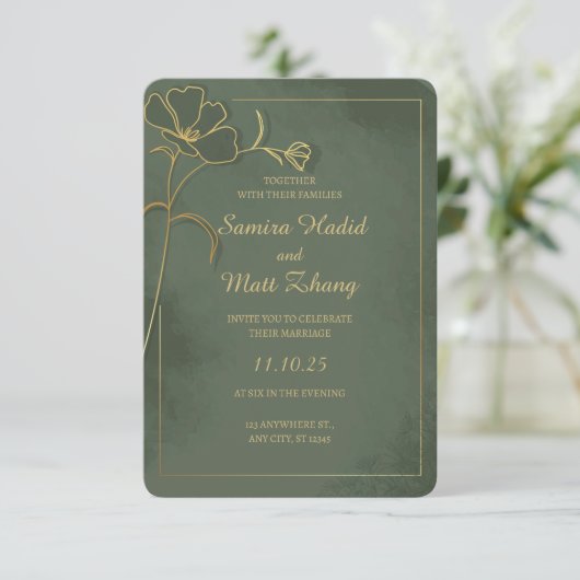Sage Green Gold Floral Elegant Wedding Invitation (スタンド正面)