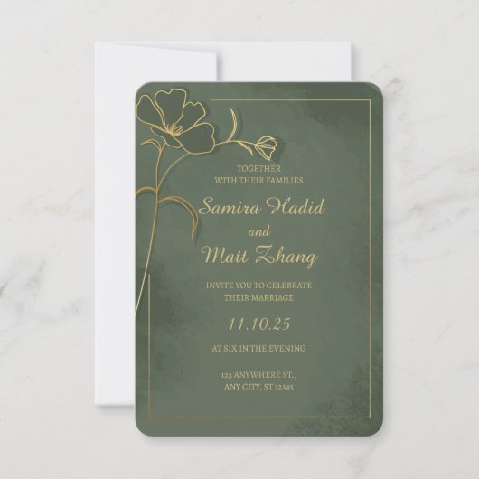 Sage Green Gold Floral Elegant Wedding Invitation (正面)