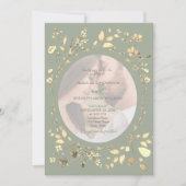 Sage Green Gold Floral Photo Wedding 招待状 (正面)