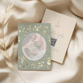 Sage Green Gold Floral Photo Wedding 招待状