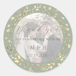 Sage Green Gold Floral Photo Wedding Thank You ラウンドシール