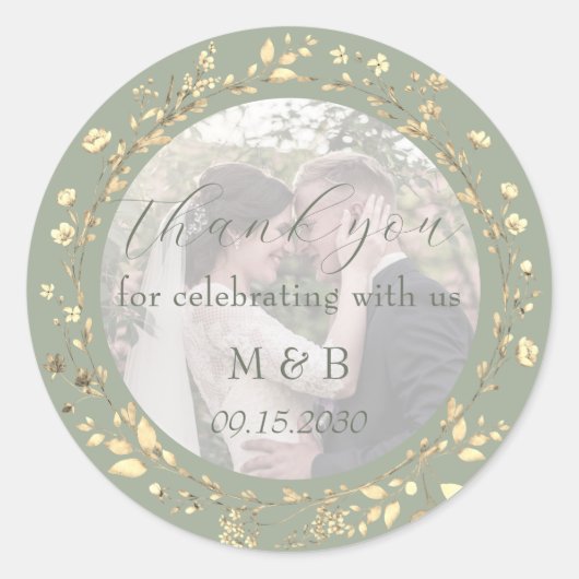Sage Green Gold Floral Photo Wedding Thank You ラウンドシール (正面)