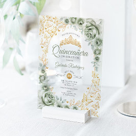 Sage Green Gold Floral Quinceanera アクリル招待状