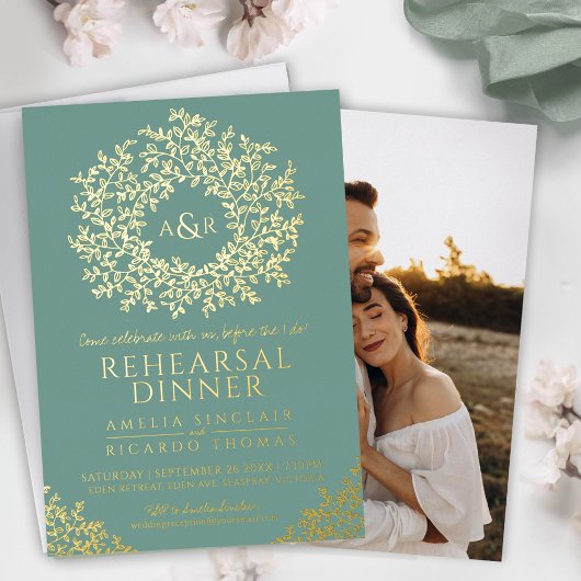 Sage green gold foil monogram rehearsal dinner 箔招待状