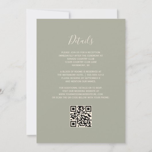  sage green gold glitter QR code wedding 招待状 (裏面)