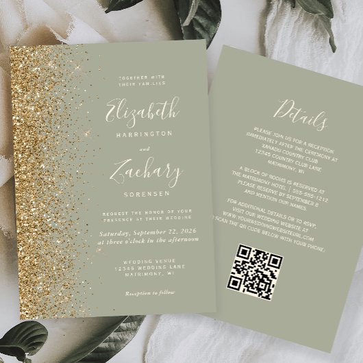  sage green gold glitter QR code wedding 招待状