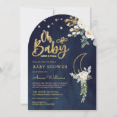  sage green gold ivory フラワー ムーンネイビー ベイビーシャワー 招待状 (正面)