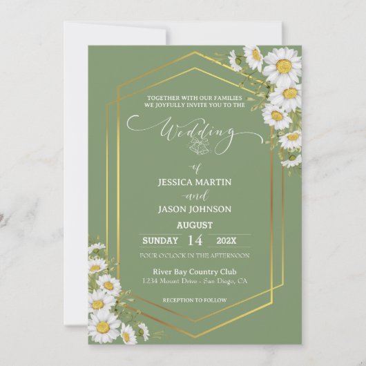 Sage Green Gold Minimalist Floral Wedding  招待状 (正面)