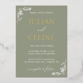 Sage Green Gold Minimalist White Greenery Wedding 箔招待状 (正面)